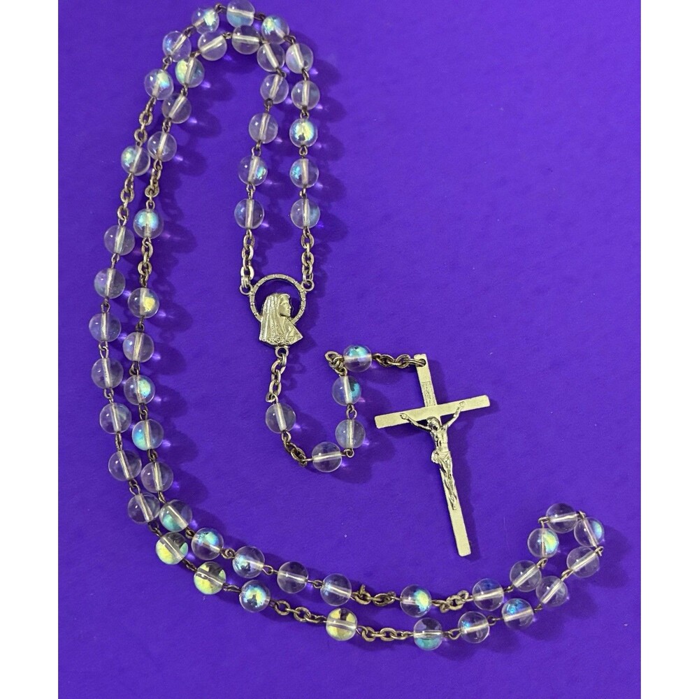 Vintage Aurora Borealis Glass Rosary, ITALY, Virgin Mary, Jesus, Christianity